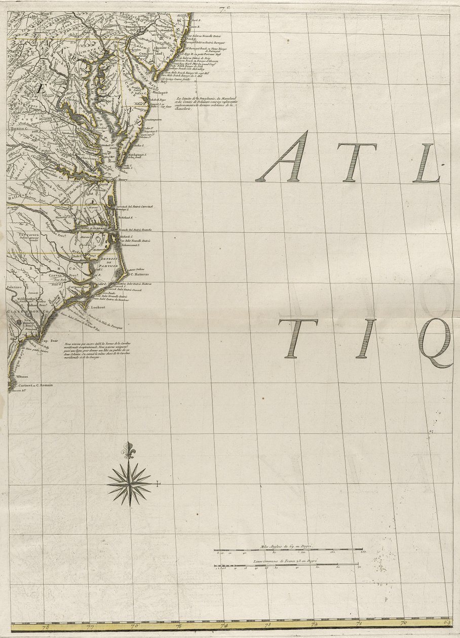 Mapa britského a francouzského panství v Americe, 1756 (rytina s obrysovou barvou na papíře) od John Mitchell