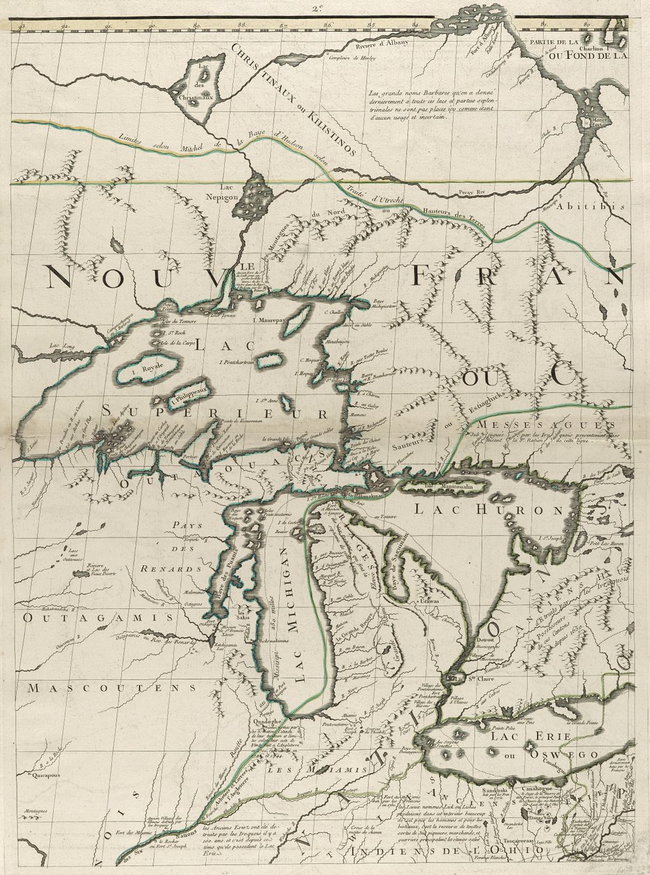 Mapa britského a francouzského panství v Americe, 1756 (rytina s obrysovou barvou na papíře) od John Mitchell