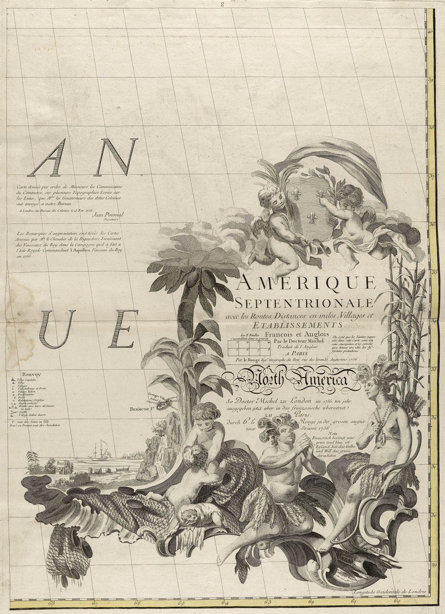Mapa britského a francouzského panství v Americe, 1756 (rytina s obrysovou barvou na papíře) od John Mitchell