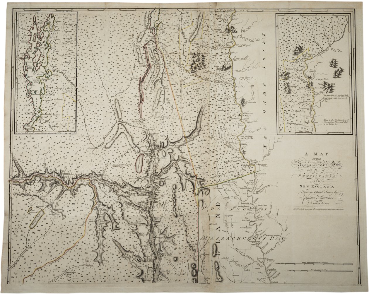 Mapa provincie New York s částí Pensylvánie a Nové Anglie ze skutečného průzkumu kapitána Montrésora, inženýra, 1775, 10. června 1775 od John Montresor