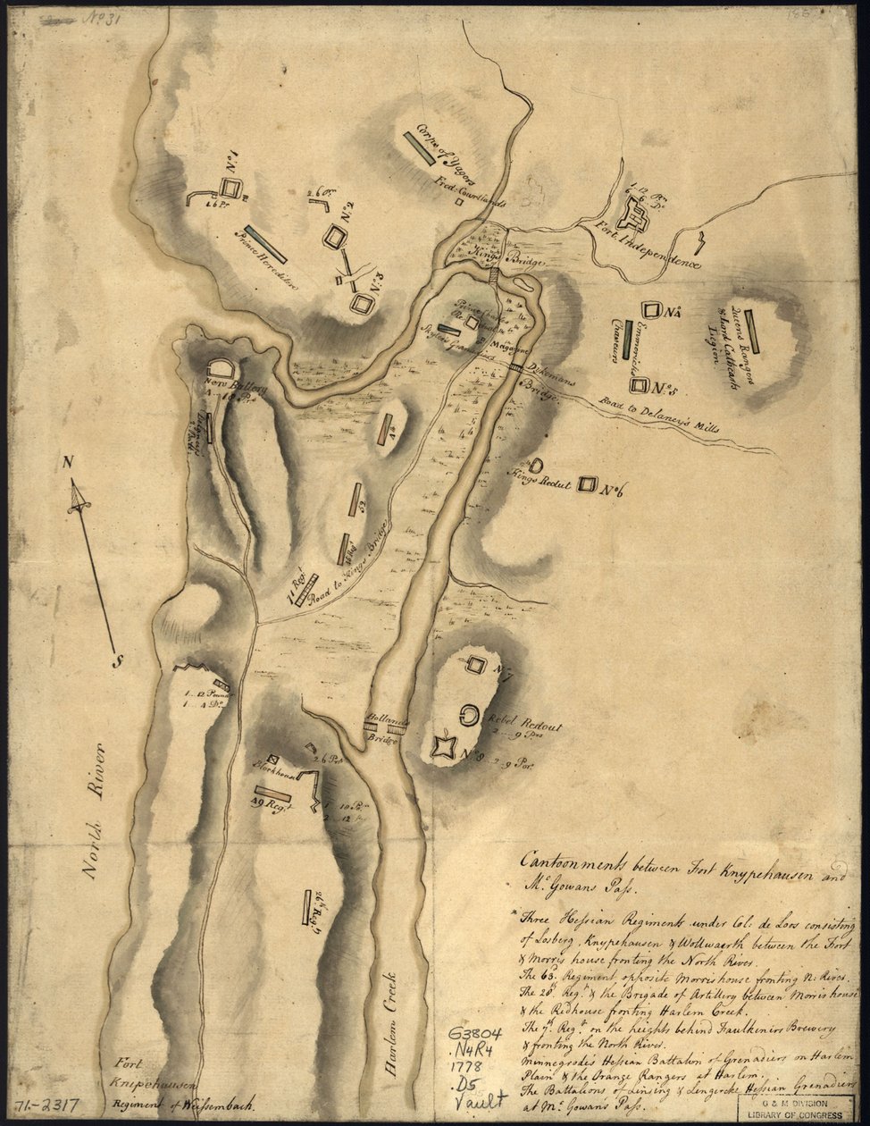 (Rozmístění britských jednotek s opevněním severně od pevnosti Knipehausen, tj. od pevnosti Fort Washington po Fort Independence. LOC gm71002317 od John Montresor