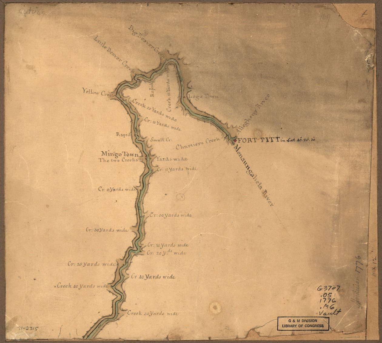 (Mapa řeky Ohio z pevnosti Fort Pitt. LOC gm71002315 od John Montresor