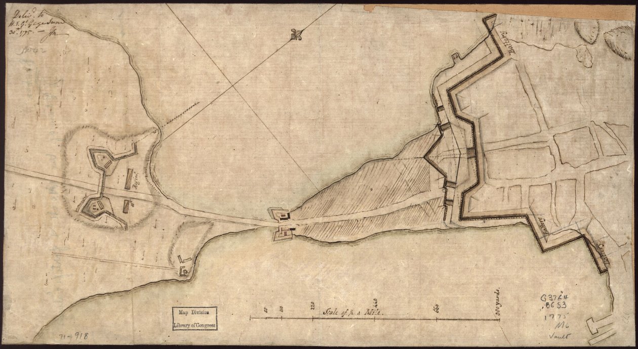 (Plán "šíje" a opevnění) Doručeno J. E. Gl. Gageovi, 30. června. 1775.-J.M. LOC gm71000918 od John Montresor