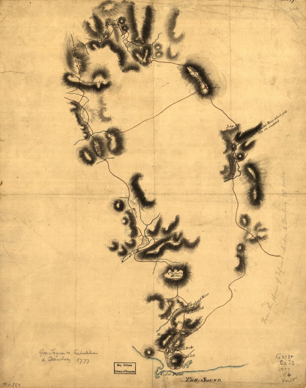 Výprava guvernéra Tryona do Danbury, 1777. LOC gm71000884 od John Montresor