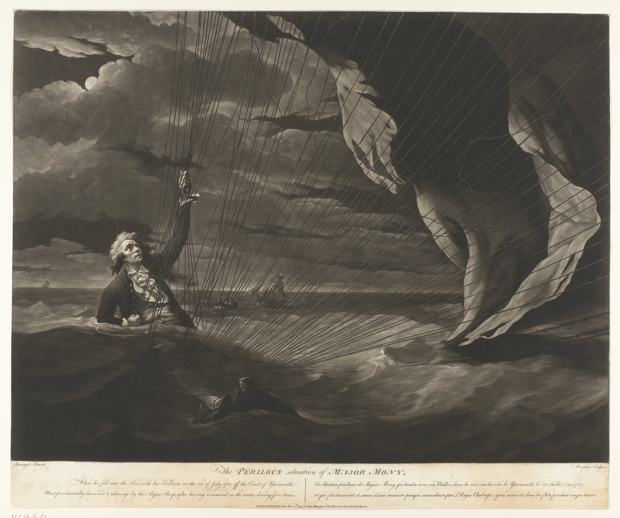 John Money se svým balonem zřítil do moře Nebezpečná situace majora Monyho, 23. července 1785 (název na předmětu) od John Murphy