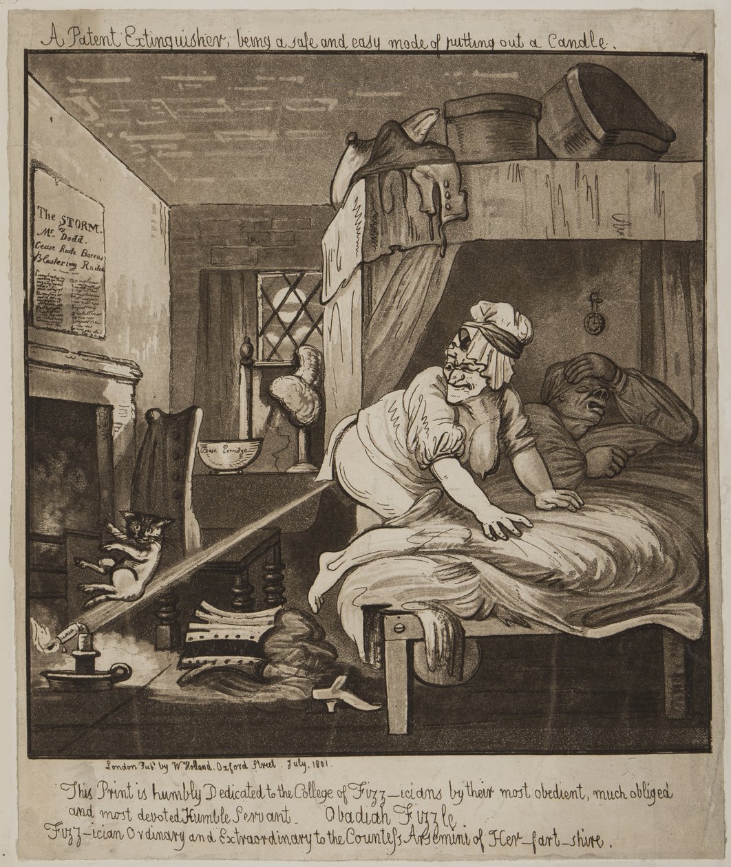 Patentovaný zhášeč, bezpečný a snadný režim Zhasnutí svíčky, 1801 (akvatinta) od John Nixon