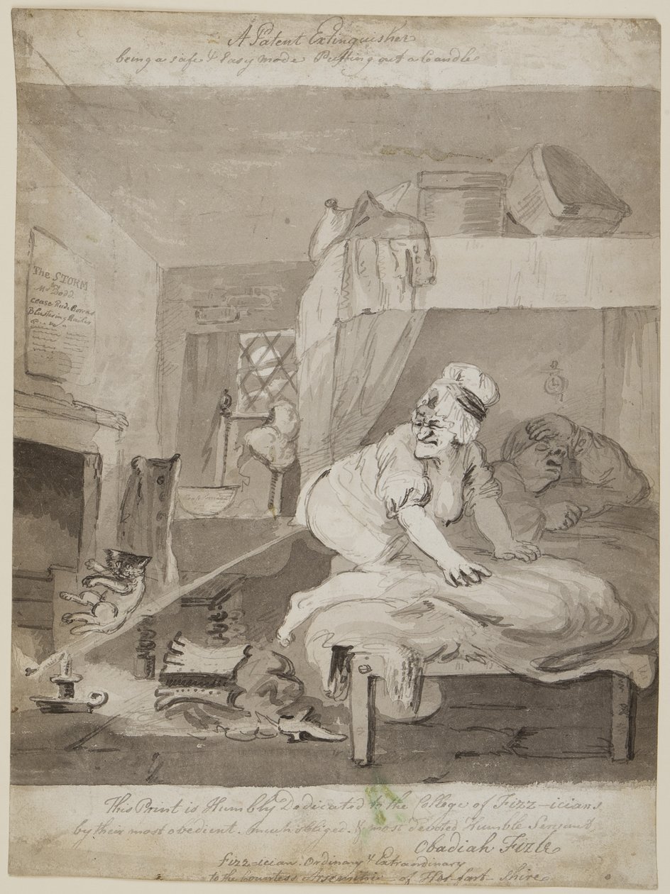 Patentový zhášeč, bezpečný a snadný režim Vykládání svíčky, 1801 (pero, štětec a inkoust na papíře) od John Nixon