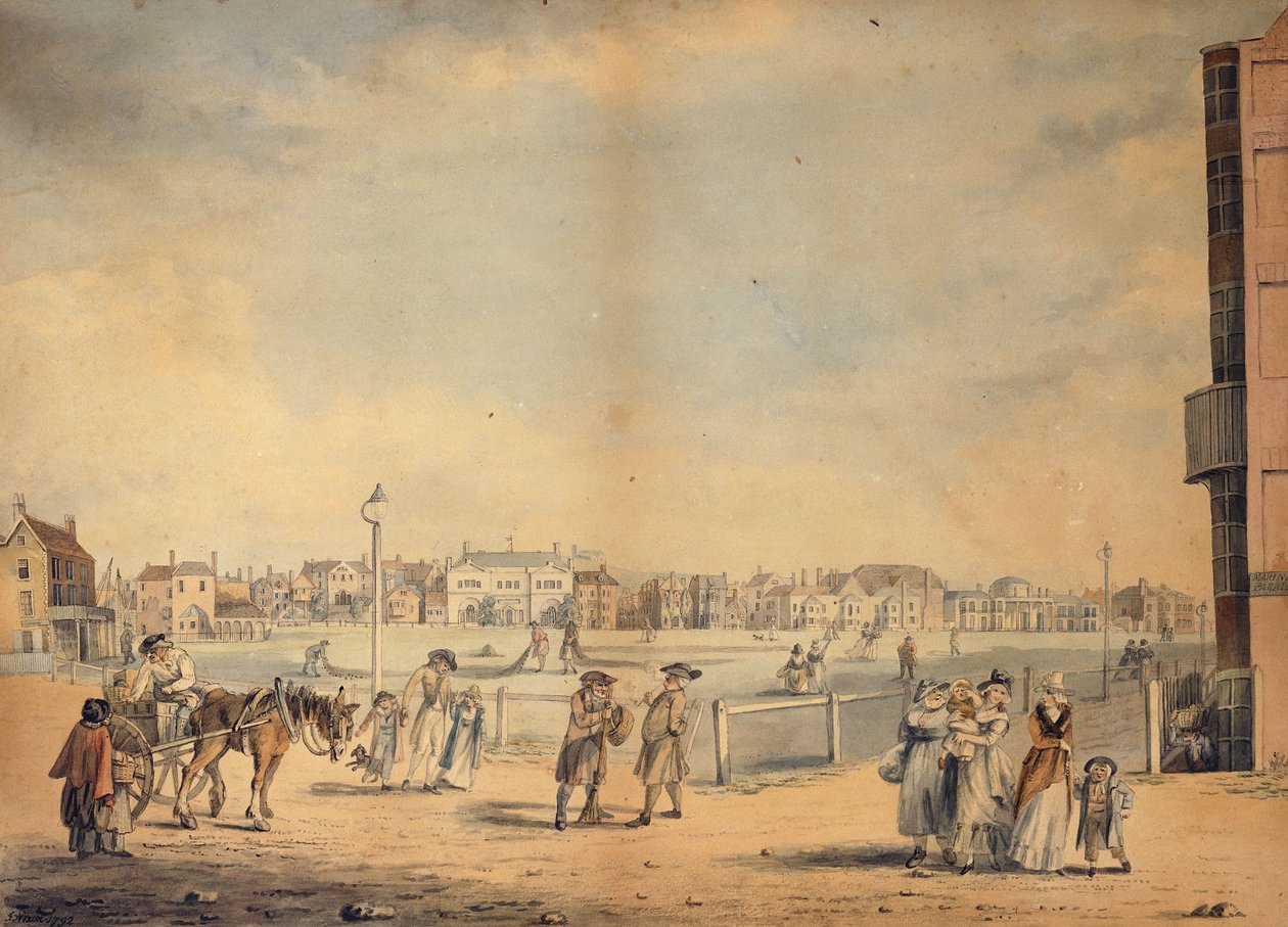 Brighton, ukazující obíhající knihovnu slečny Widgettové, Marlborough House, Castle Inn and Assembly Rooms a Marine Pavilion, 1792 od John Nixon