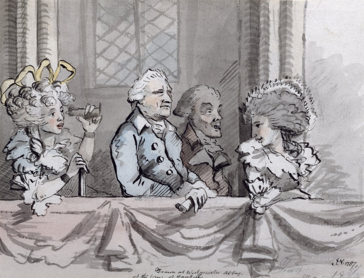 Karikatura publika na oslavě Händela ve Westminsterském opatství, 1787 (tuš a akvarel) od John Nixon