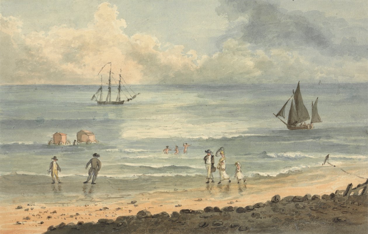 On the Sands at Brighton: Figures Walking on the Shore od John Nixon