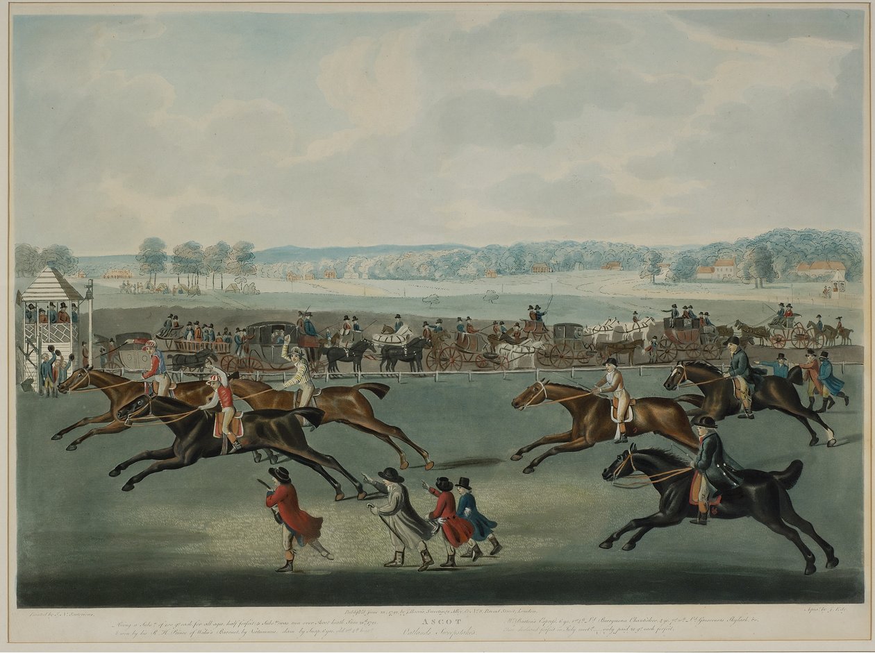 Ascot - Oatlands Sweepstakes, vyryl J.W. Edy (fl. 1780-1820), publikoval v roce 1792 (akvatinta) od John Nott (after) Sartorius