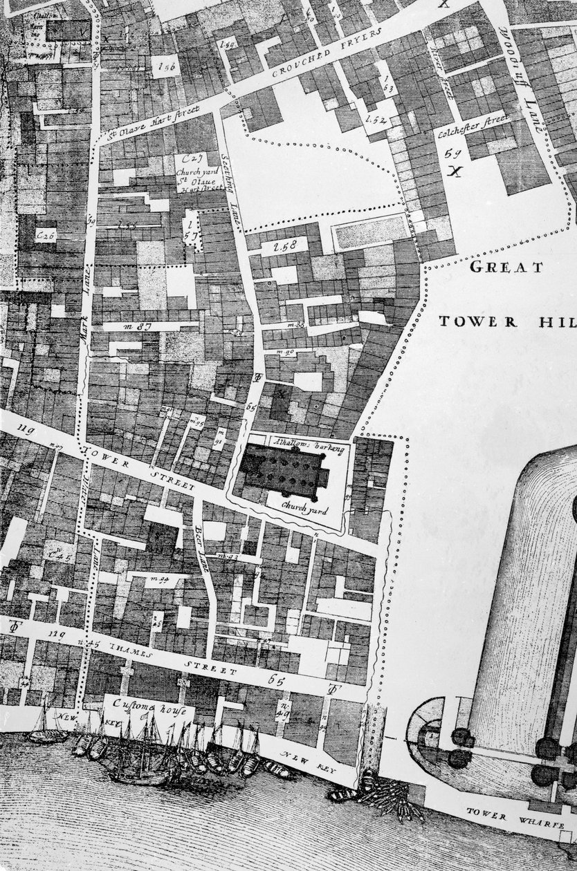 Detail velké a přesné mapy City of London (rytina) od John Ogilby