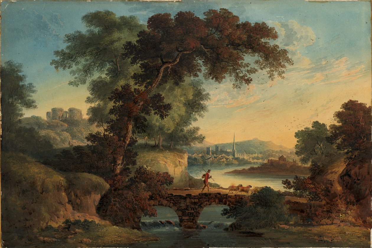 Krajina s hradem a mostem, asi 1808-20 (kvaš a akvarel) od John Oldfield