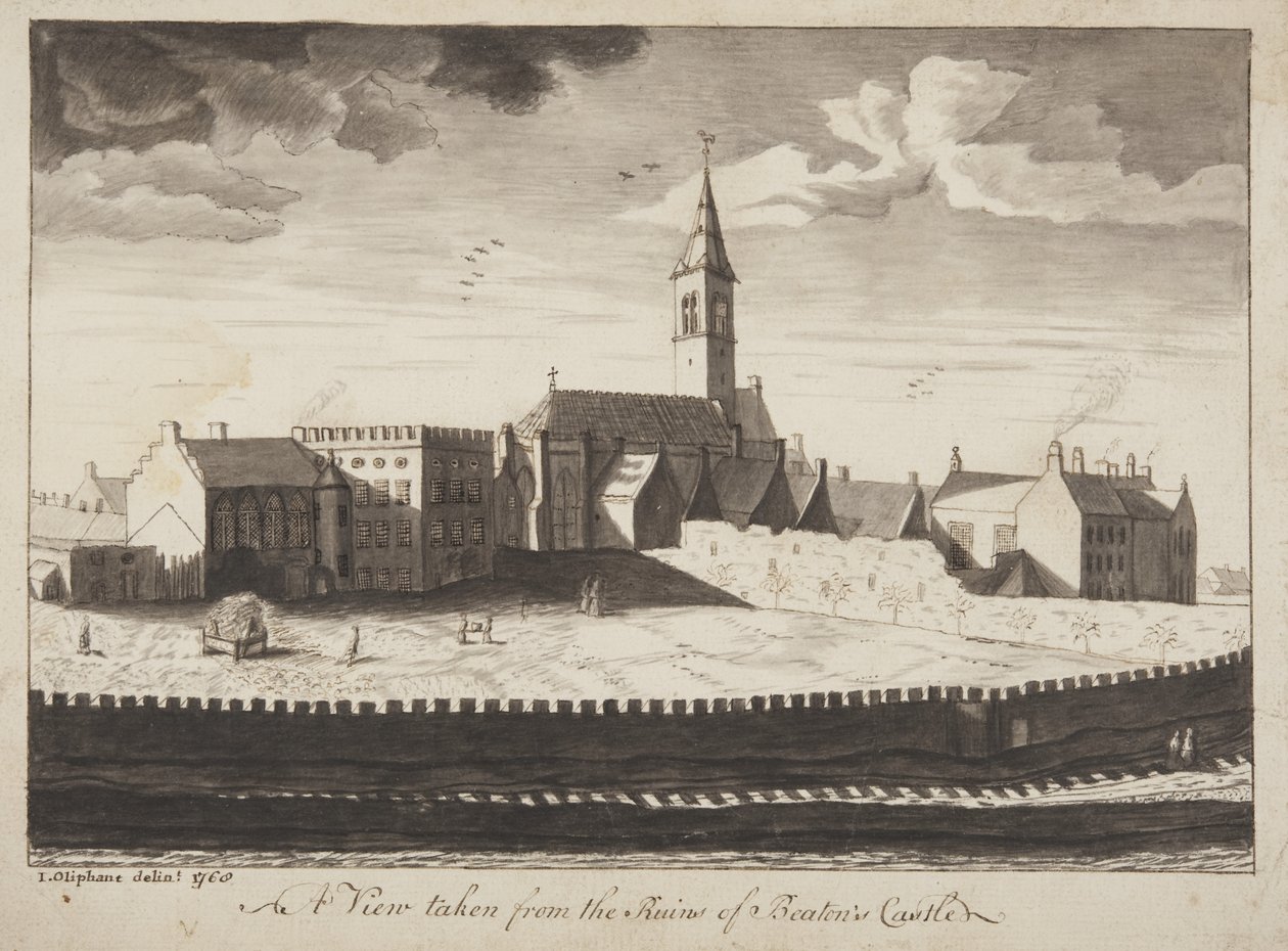 St Andrews Delineated – Pohled z ruin hradu Beatons (pero a mytí na papíře) od John Oliphant