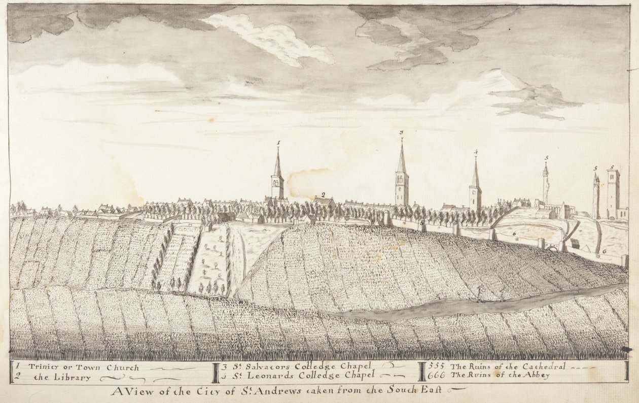 St Andrews Delineated - Pohled na město St Andrews z jihovýchodu (pero a mytí na papíře) od John Oliphant