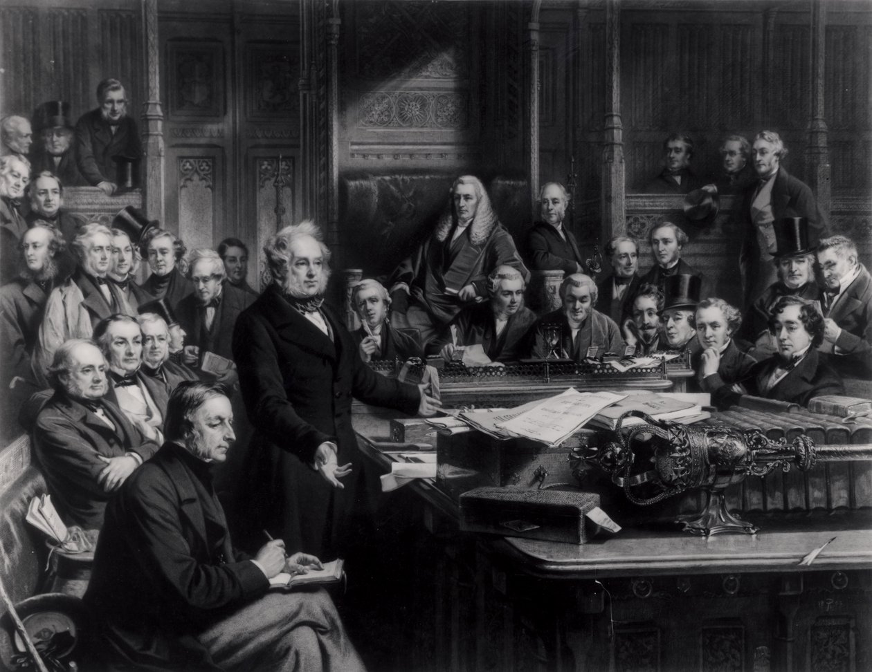 Dolní sněmovna v roce 1860: Lord Palmerston promluví ve sněmovně během rozpravy o smlouvě s Francií, vyryto Falknerem, 1863 (viz také 42219 a 107821) od John Phillip