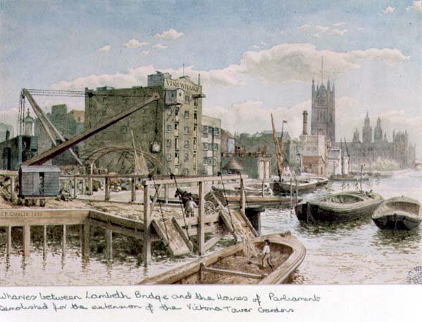 Riverside View of the Wharves mezi Lambeth Bridge a Houses of Parliament od John Phillipp Emslie