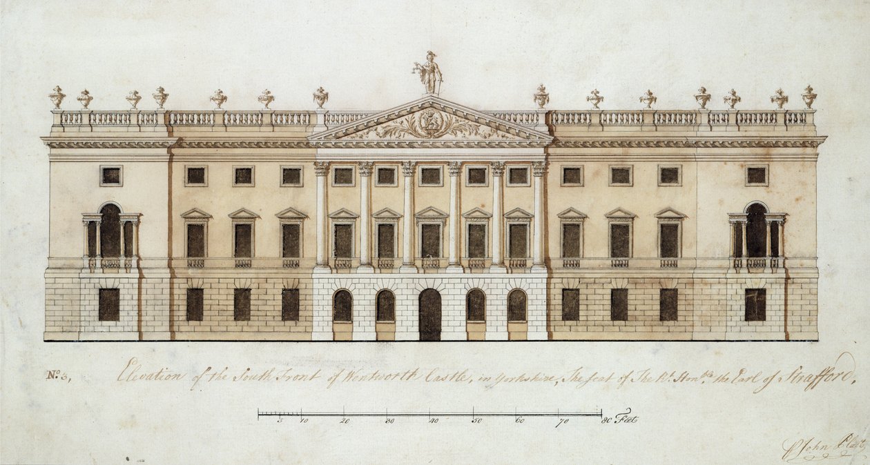 Hrad Wentworth, návrh pro jižní frontu, cca 1760 (pero, inkoust a akvarel na papíře) od John Platt