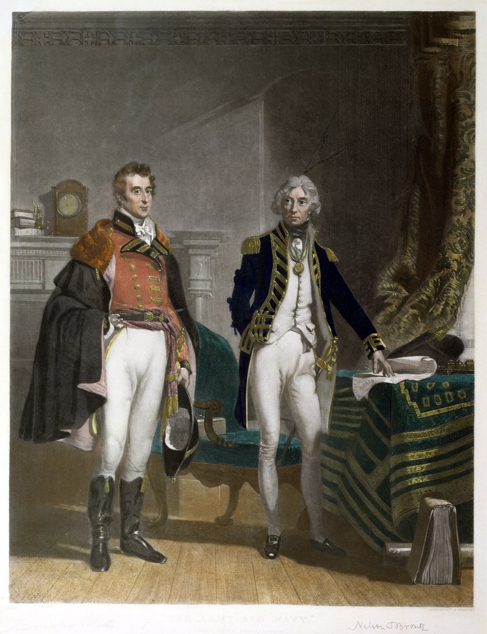 Setkání mezi generálmajorem Sirem Arthurem Wellesleym a viceadmirálem Horatiem Nelsonem, září 1805, vyryto Samuelem Williamem Reynoldsem (1794-1872), hospoda. od A.J. Isaacs od John Prescott (after) Knight