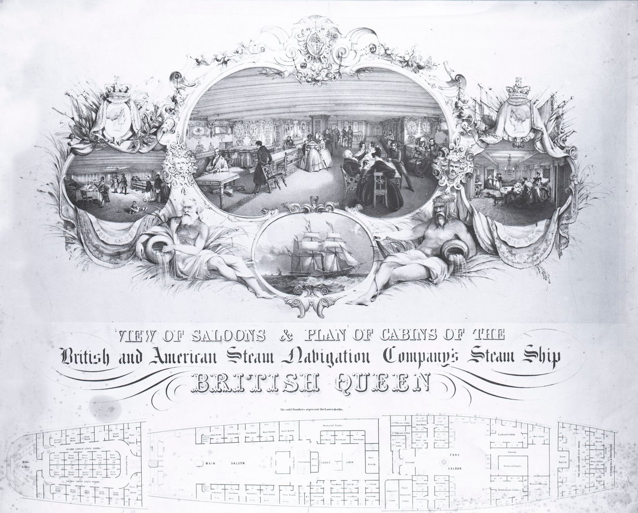 Pohled na salony a plán kajut parníku Britská královna, kolem roku 1839 (litho) od John R. Isaac