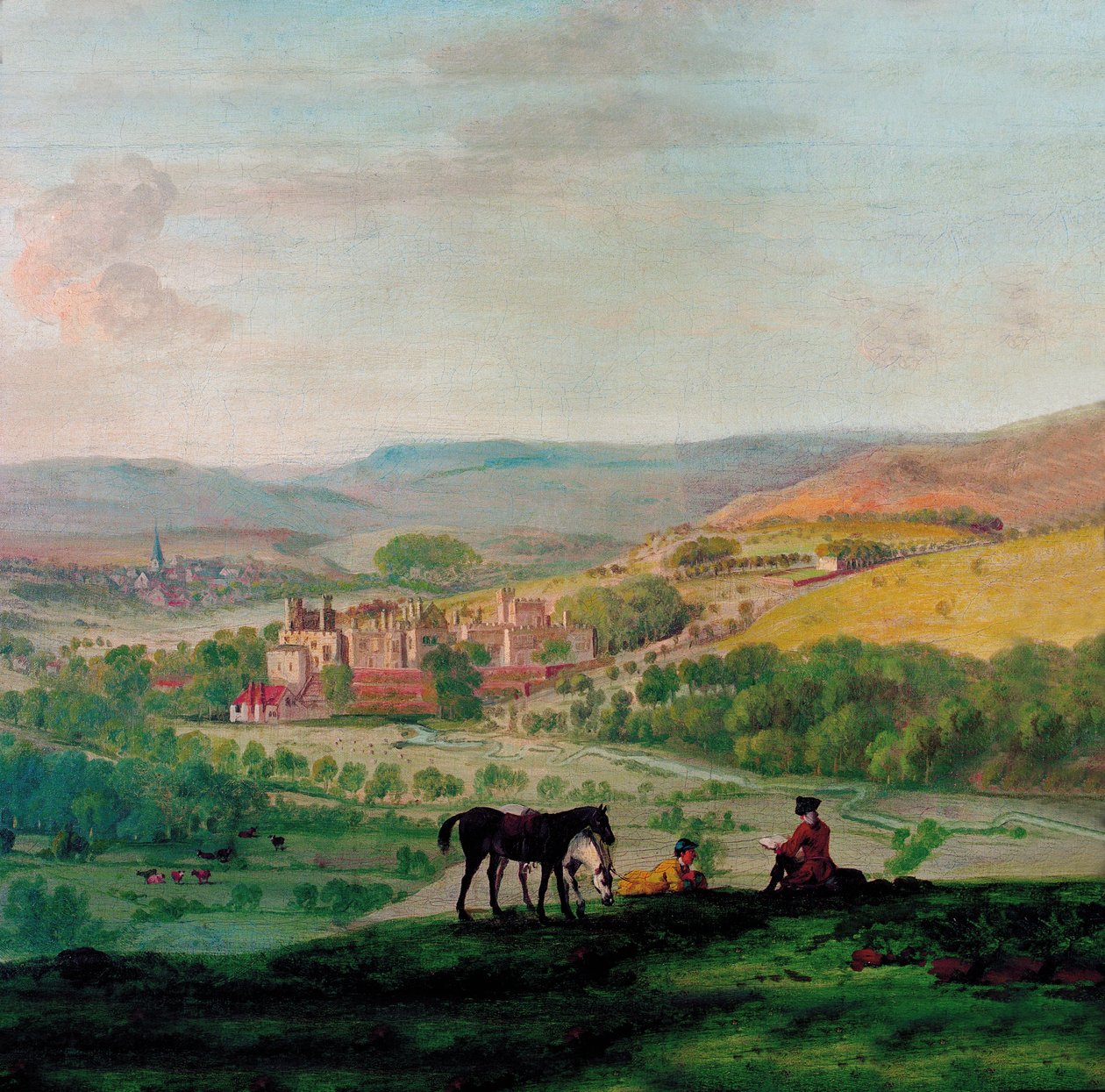 Pohled na Haddon Hall z 18. století s vesnicí Bakewell v pozadí od John Raphael Smith