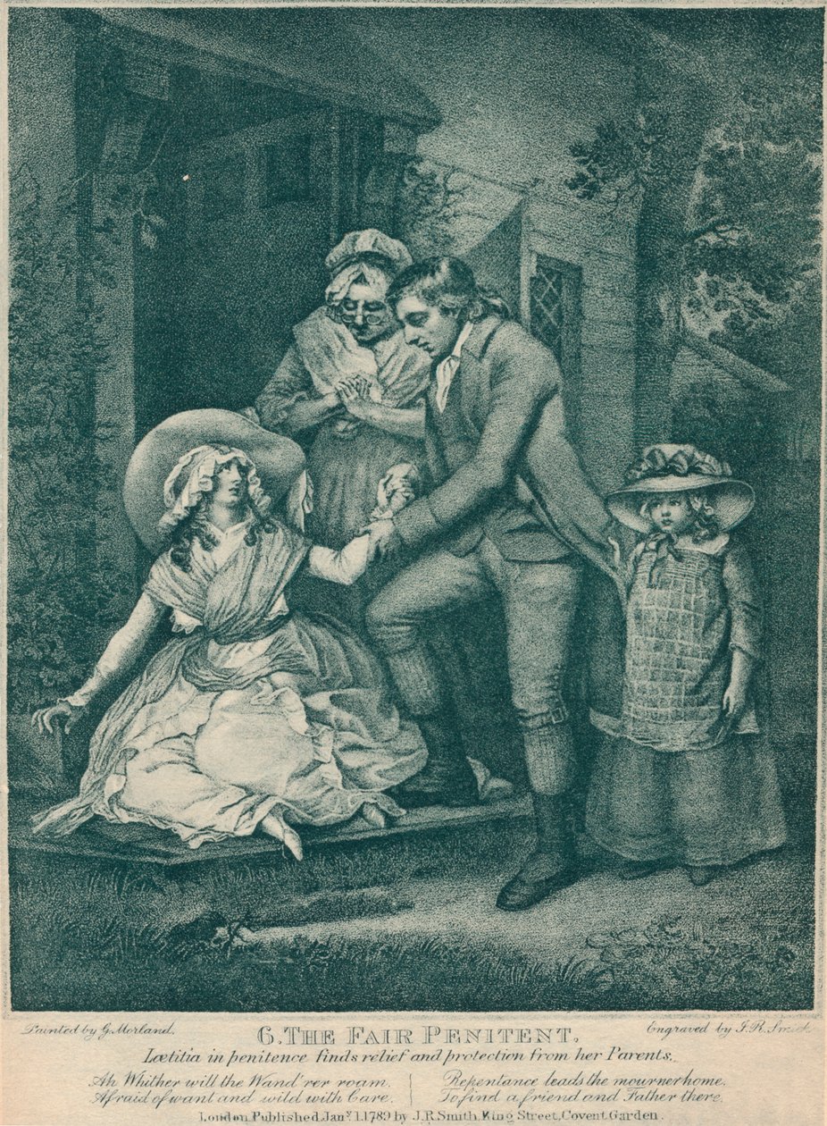The Fair Penitent: Laetitia in Penitence nalézá úlevu a ochranu u svých rodičů, 1789 od John Raphael Smith