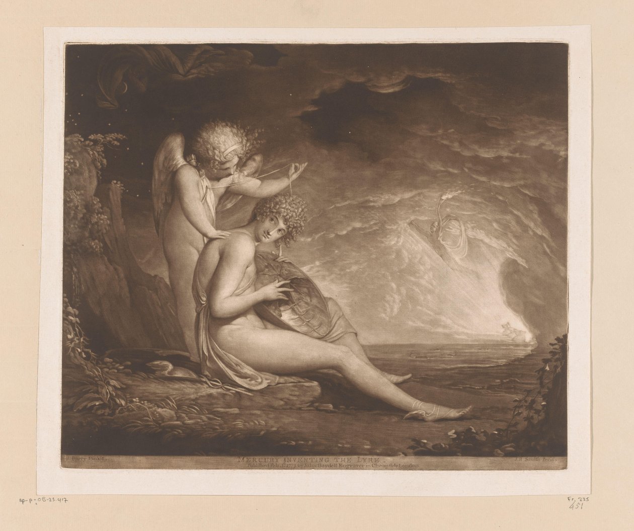 Vynález lyry od Merkura Merkur vynalézající lyru (název na předmětu) od John Raphael Smith