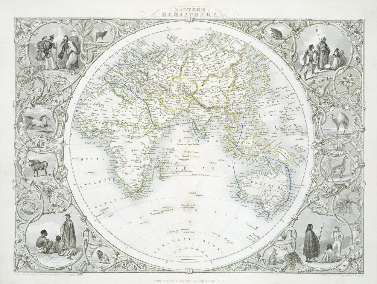 Východní polokoule, ze série map světa vydaných Johnem Tallis und Co., New York und London, 50. léta 19. století od John Rapkin