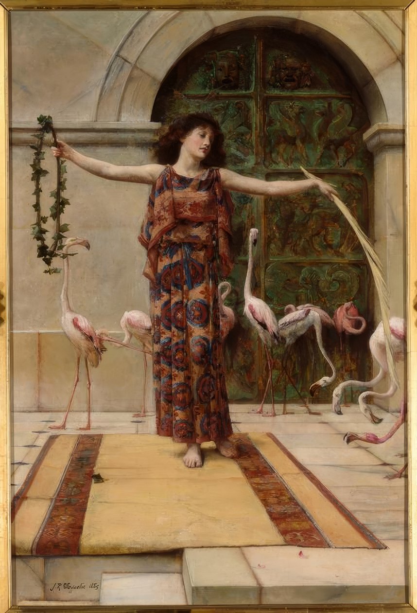J.R. Waguelin, Žena s velkými plameňáky / obraz, 1885 od John Reinhard Weguelin
