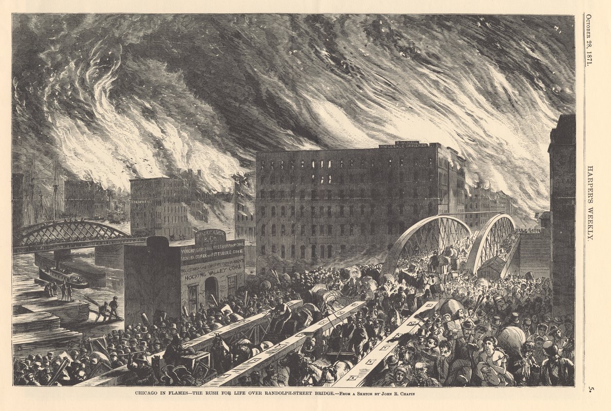Chicago v plamenech – spěch o život přes most Randolph Street, ilustrace z Harpers Weekly, 1871 od John Reuben after Chapin