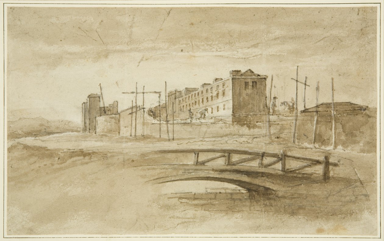 Nová věznice ve výstavbě, při pohledu z Harford Bridge, kolem roku 1820 (tužka a akvarel na papíře) od John Reverend Eden