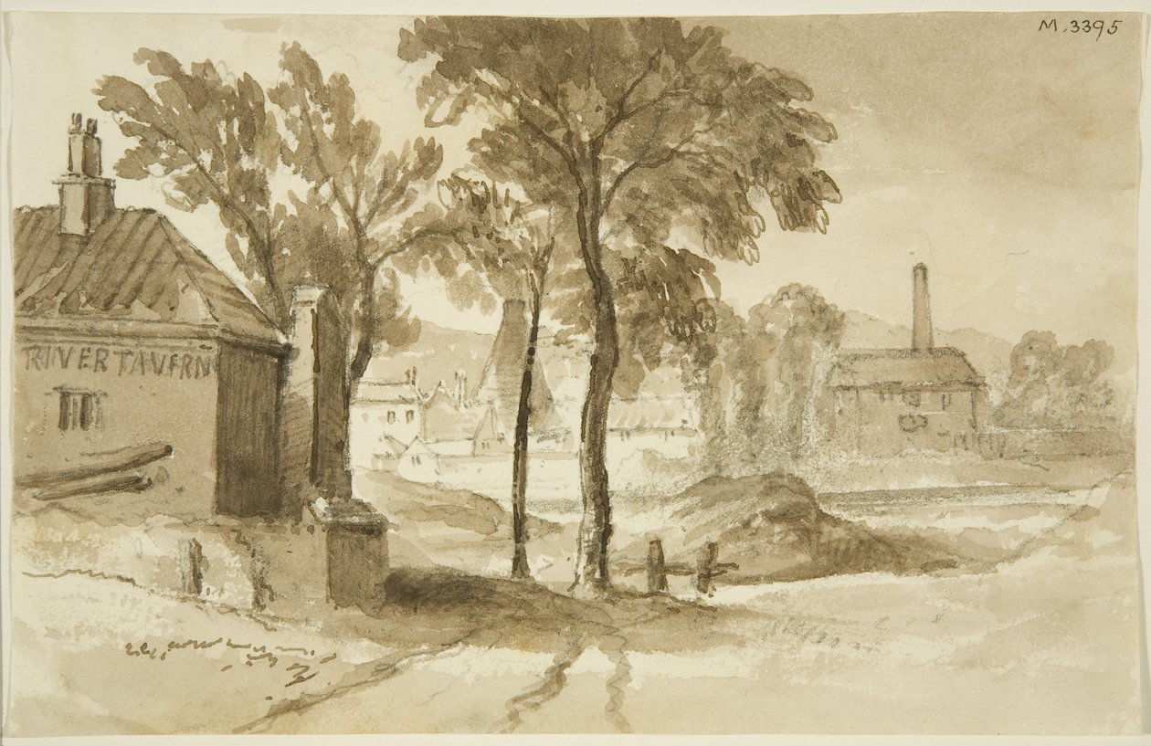 Pohled poblíž Mardyke, Limekiln Lane Glasshouse, z jižní strany přístavu, kolem roku 1820 (tužka a akvarel na papíře) od John Reverend Eden