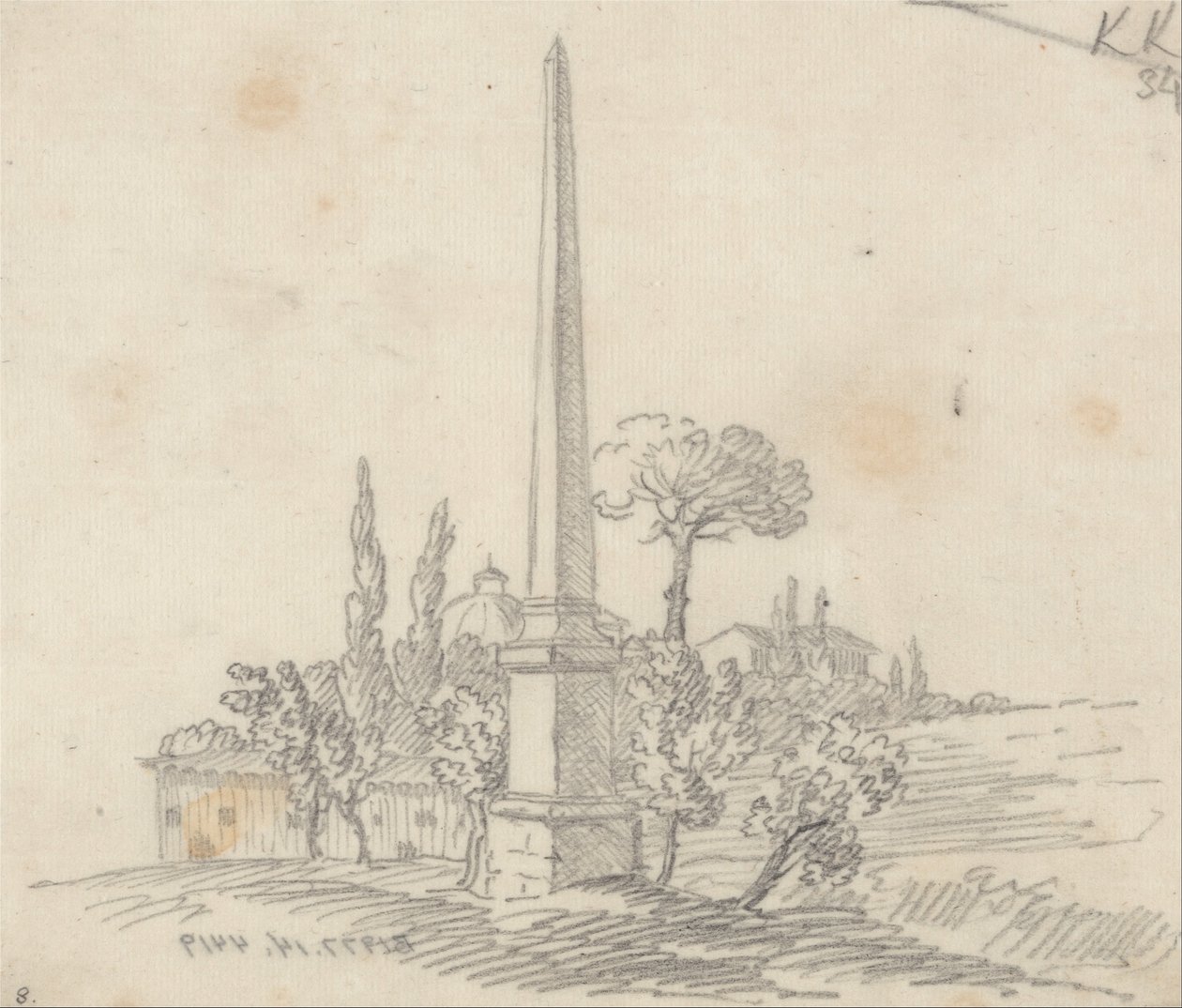 Obelisk se střechami a stromy v dálce od John Robert Cozens