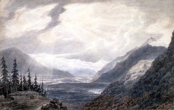 PD.6-1965 Pays de Valais, poblíž Ženevského jezera, kolem roku 1776 (indický inkoust, tužka a pero na papíře) od John Robert Cozens