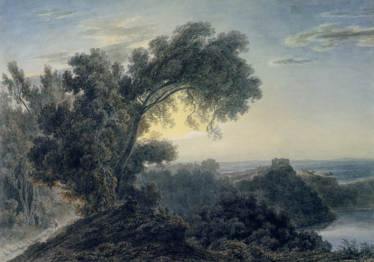 Jezero Albano a hrad Gandolfo (akvarel přes grafit na tkaném papíře) (viz také 151685) od John Robert Cozens