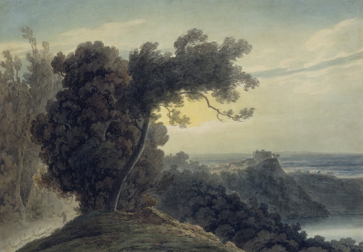 Jezero Albano a hrad Gandolfo, c.1783-85 (grafit a akvarel na tkaném papíře) (viz také 252095) od John Robert Cozens