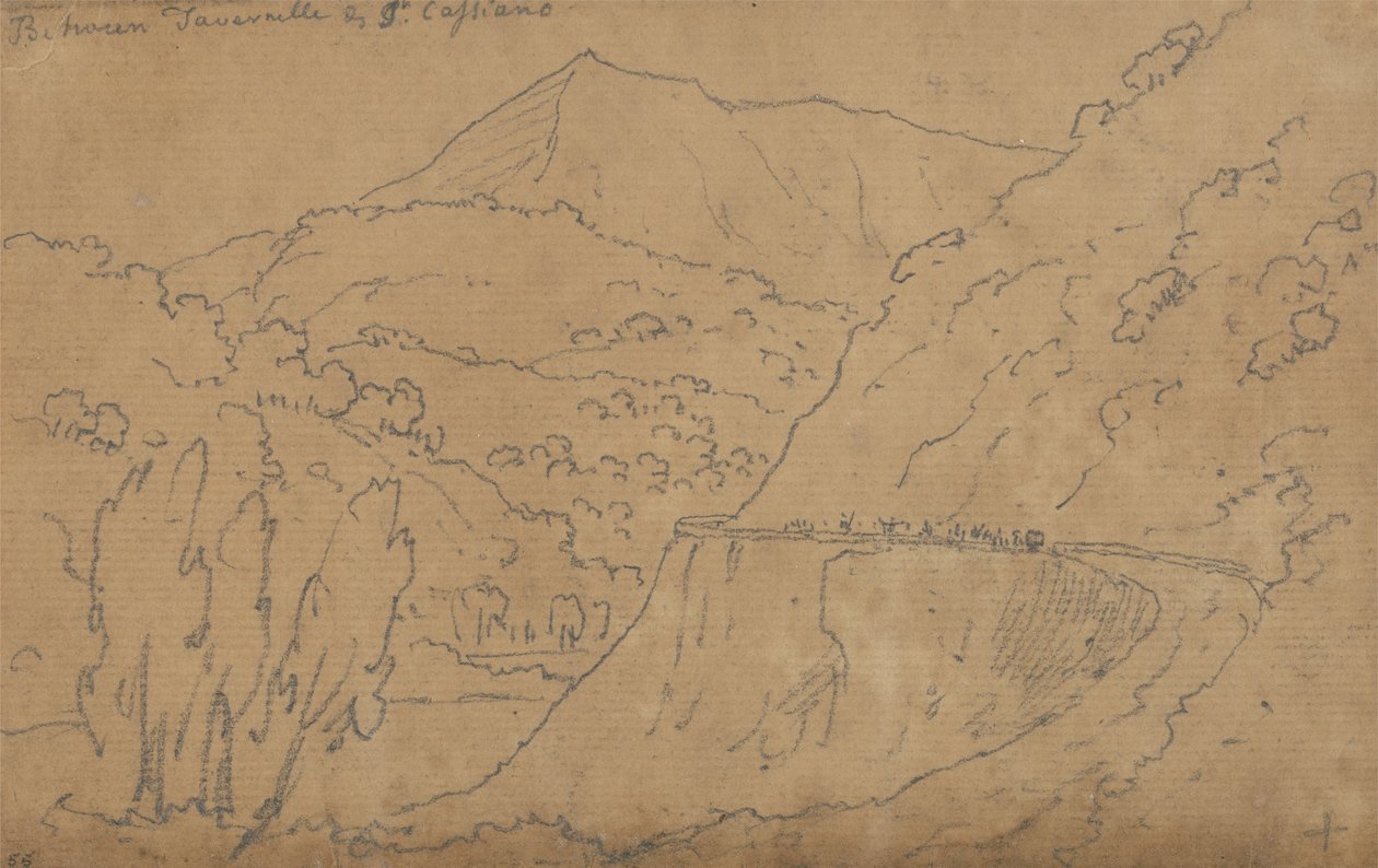 Nahoře: Mezi Tavernelle a Capriano; Dole: jezero Bolsena (grafit na potištěném papíře) od John Robert Cozens