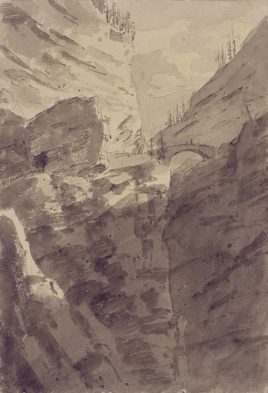 Via Mala v Graubünden (pero a inkoust a mytí na papíře) od John Robert Cozens