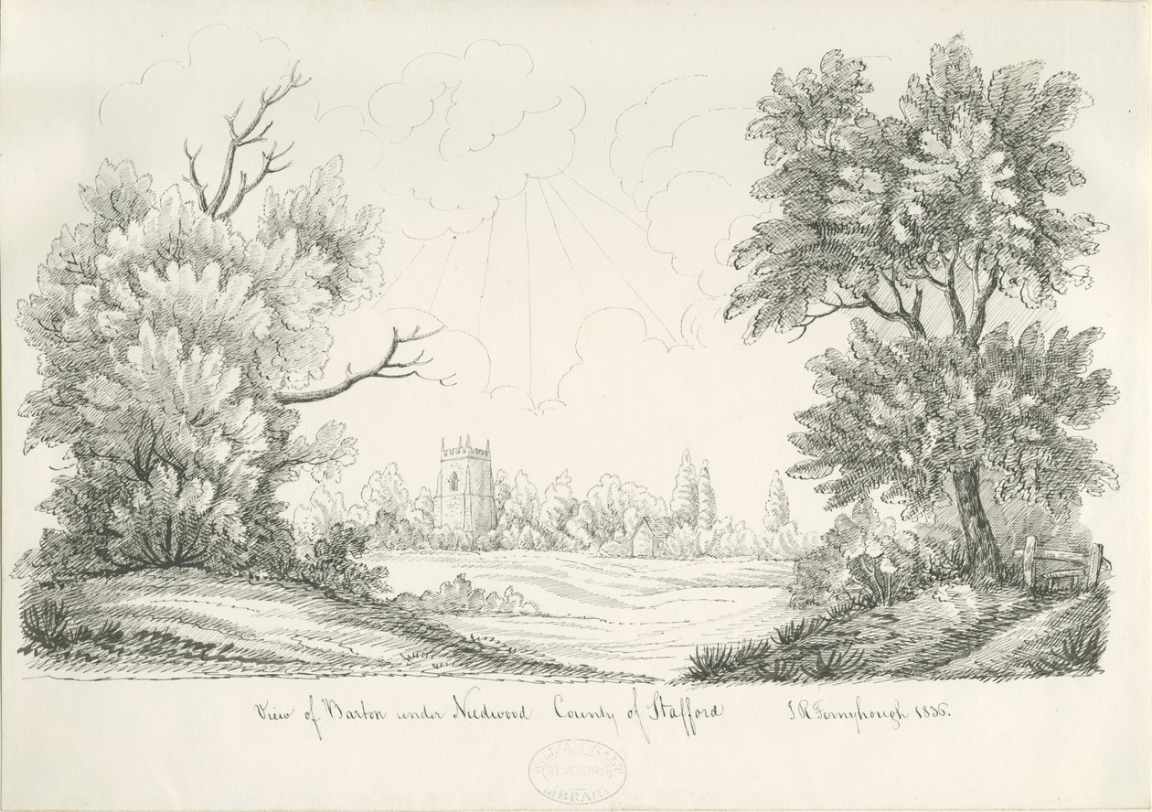Barton under Needwood Village: kresba perem a tuší, 1836 od John Robert Fernyhough