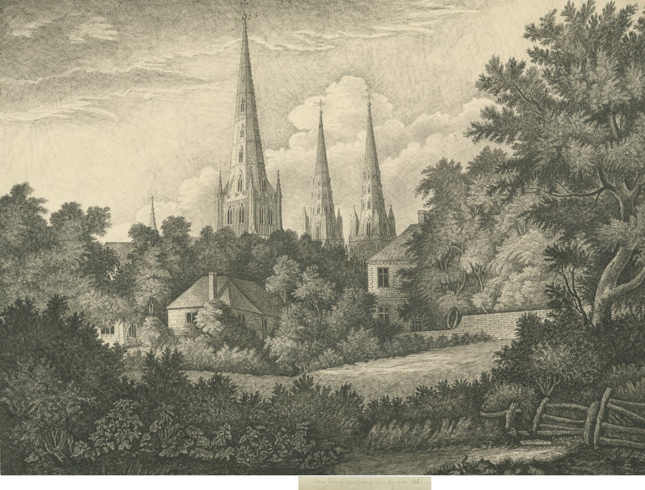 Katedrála Lichfield - severovýchodní pohled: kresba perem a tuší, 1835 od John Robert Fernyhough