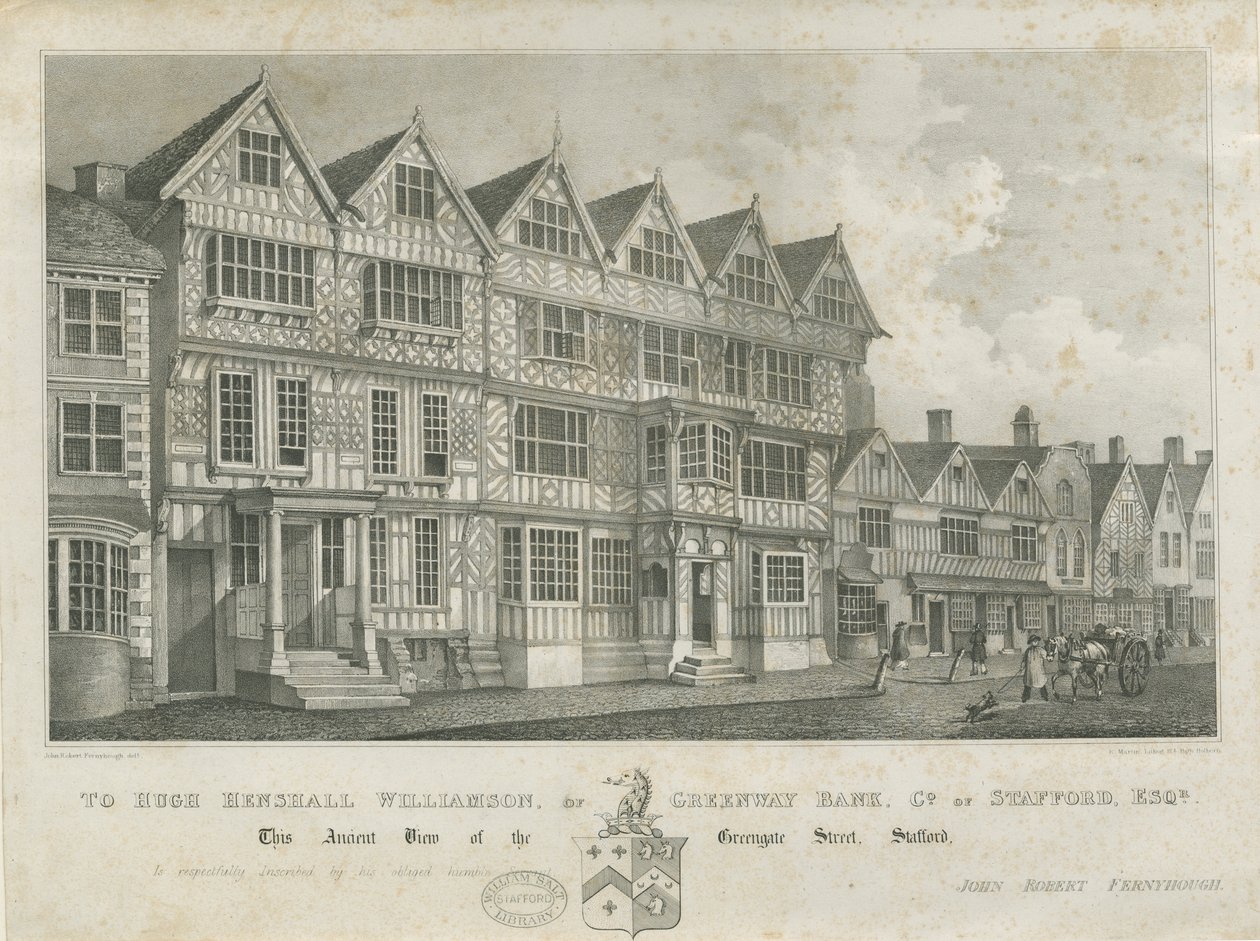 Stafford - Starověký "High House": litografie a [19. století] od John Robert Fernyhough