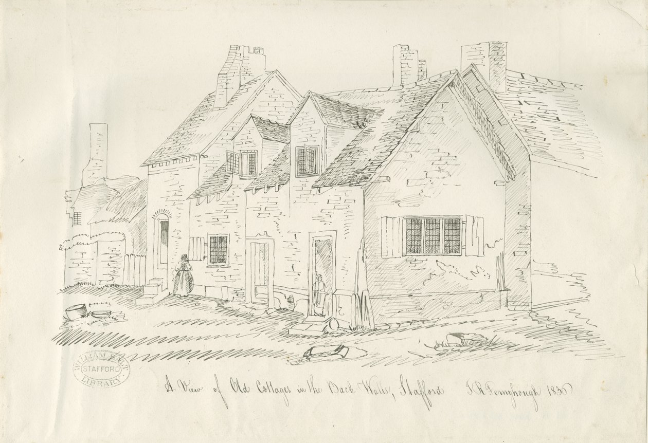 Stafford - Stará chalupa v zadních stěnách: kresba perem a tuší, 1836 od John Robert Fernyhough