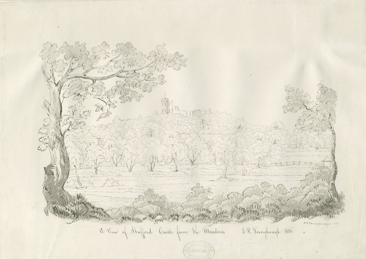 Stafford Castle - East View: kresba perem a sépií od John Robert Fernyhough