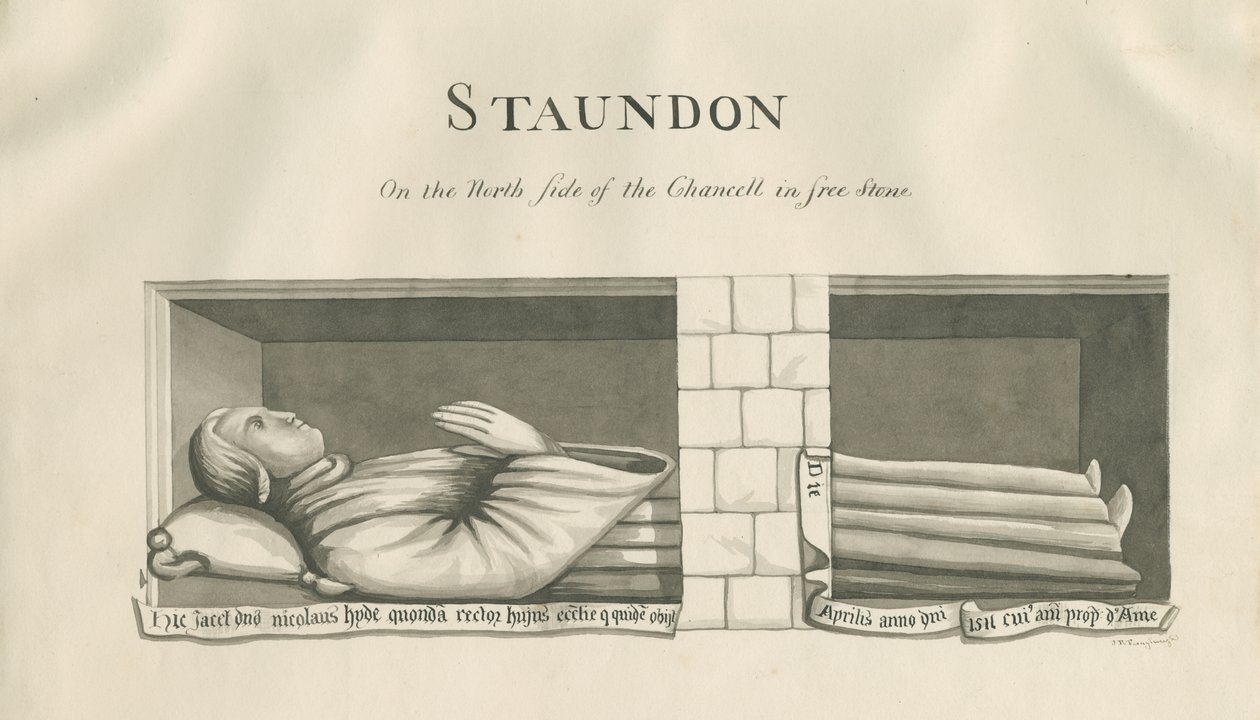 Standon Church – Nástěnná hrobka Nicholase Hyda: sépiová kresba, nd [19. století] od John Robert Fernyhough