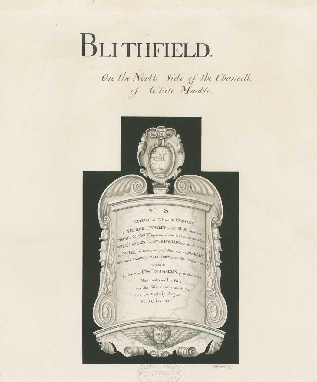 Tablet v kostele Blithfield - Mary Crawley: sépie mytí, nd [19. století] (kresba) od John Robert Fernyhough
