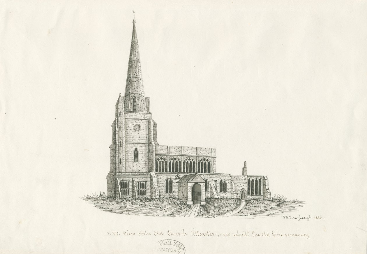 Uttoxeter Church [Starý]: kresba perem a tuší, 1836 od John Robert Fernyhough