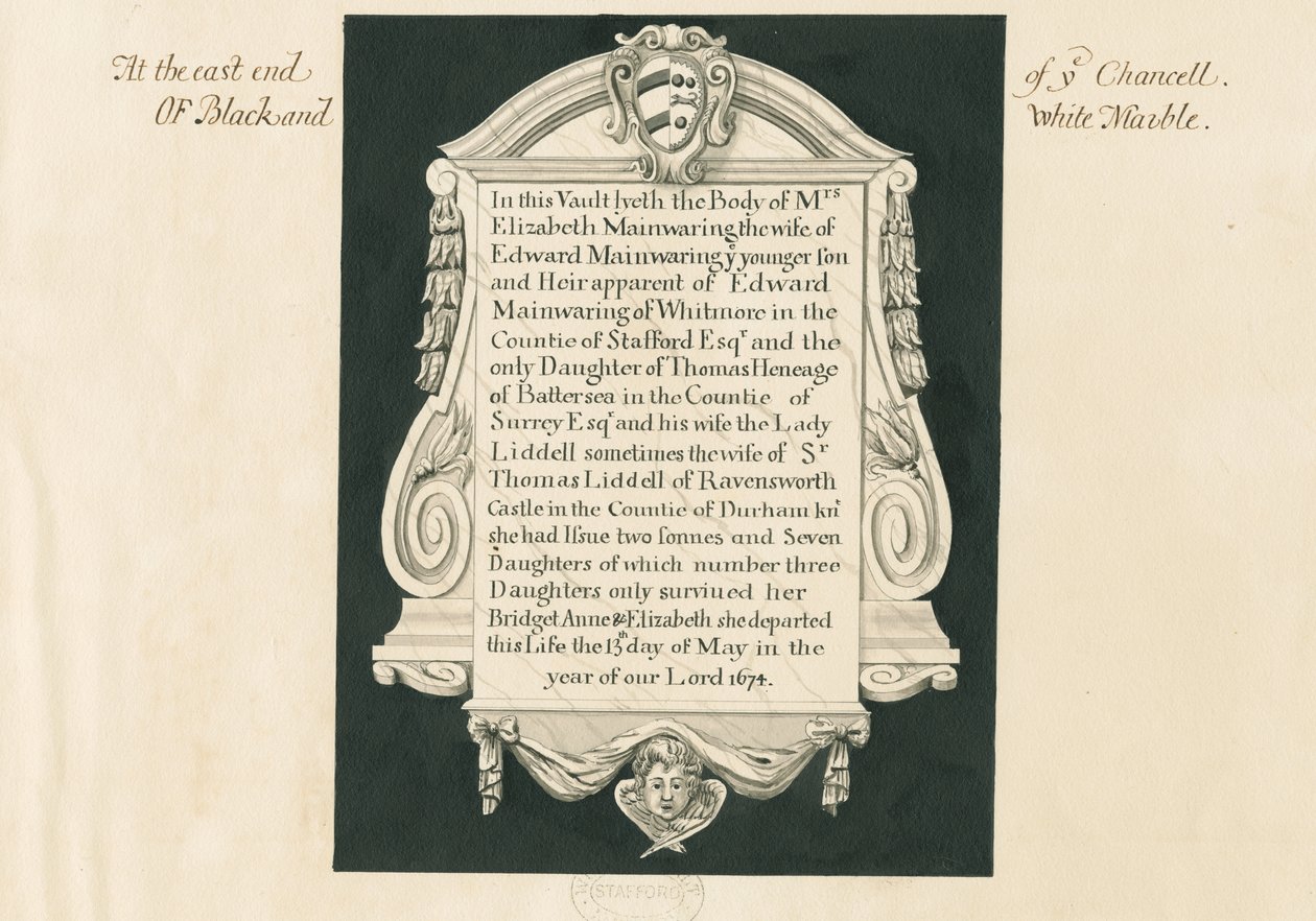 Whitmore Church – Tablet paní Elizabeth Mainwaringové: perokresba, nd [19. století] od John Robert Fernyhough