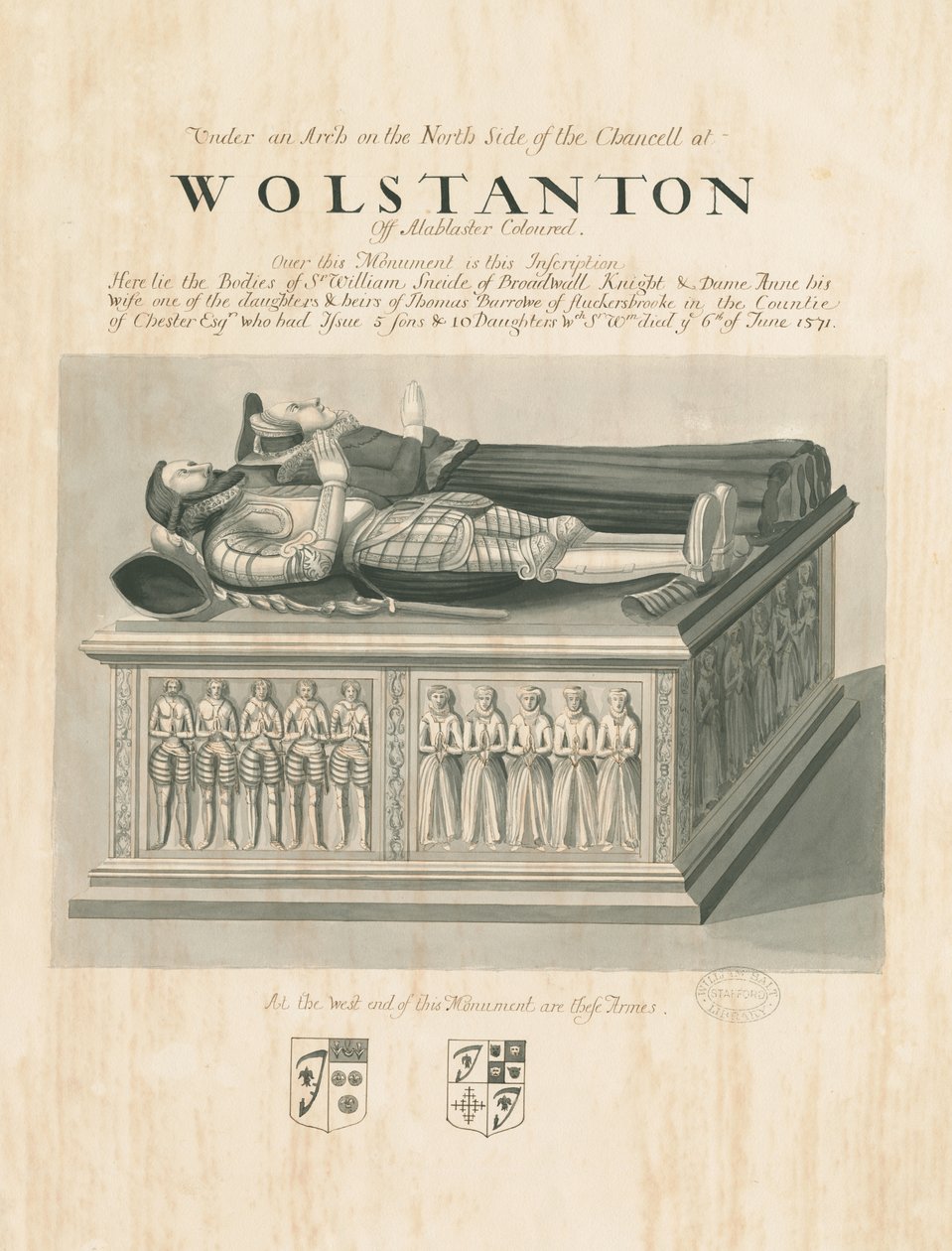 Wolstanton Church – Hrobka sira Williama Sneideho a paní Anny: sépie a kresba perem, nd [~19. století] (kresba) od John Robert Fernyhough