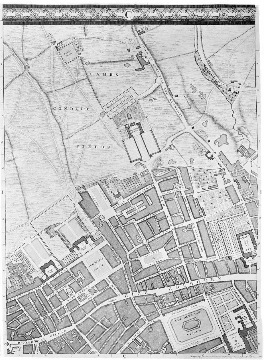 Mapa Bloomsbury a Holborn, Londýn, 1746 od John Rocque
