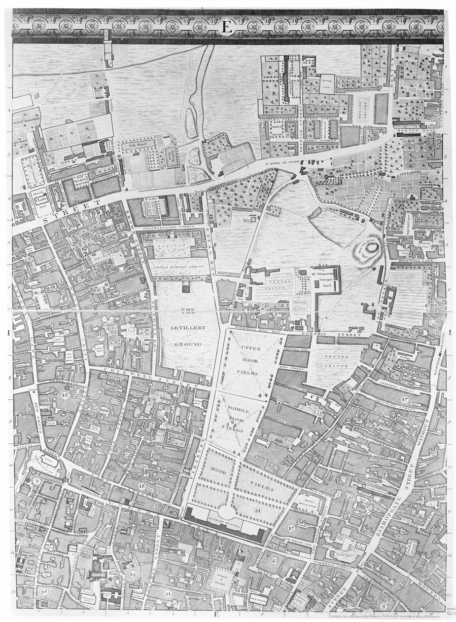 Mapa Moorfields a Hoxton, Londýn, 1746 od John Rocque